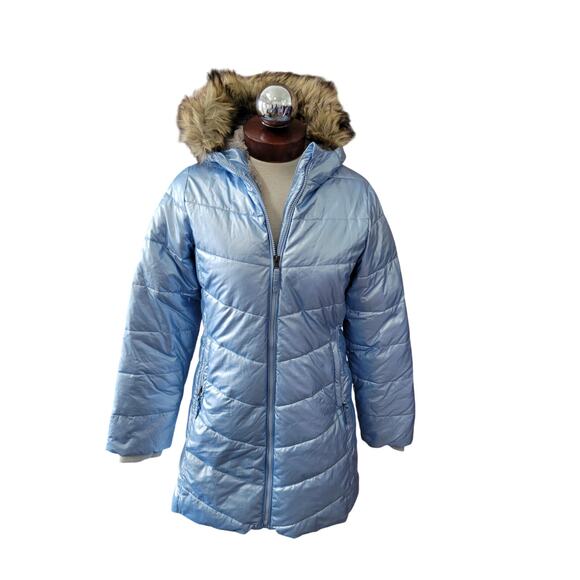 Lands' End Other - Lands End Blue Metallic Soft Puffer Parka Jacket Faux Fur Lined Girls XL 16 Coat